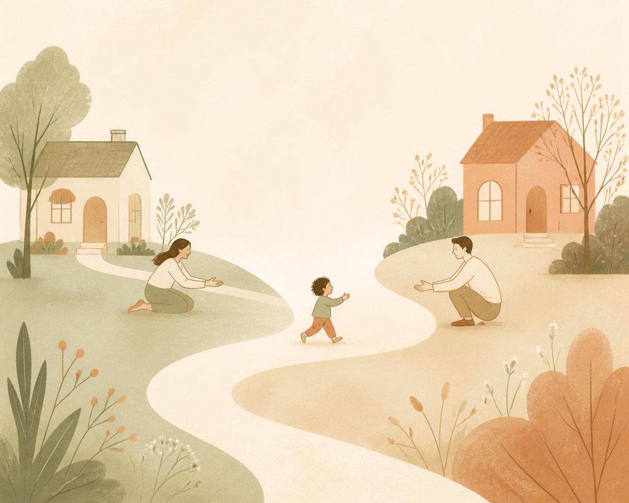 Illustration of two homes joined by a winding path, with a child walking between welcoming parents